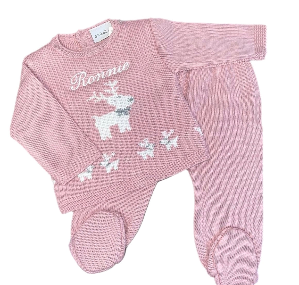 Dandelion knitted 2 piece Christmas reindeer set in Dusky pink