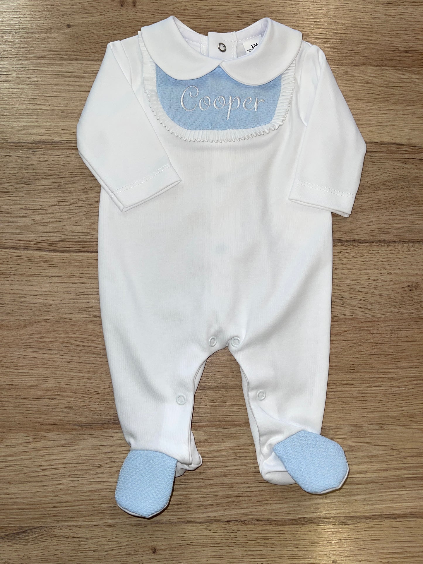 Personalised White & Blue Bib Sleepsuit