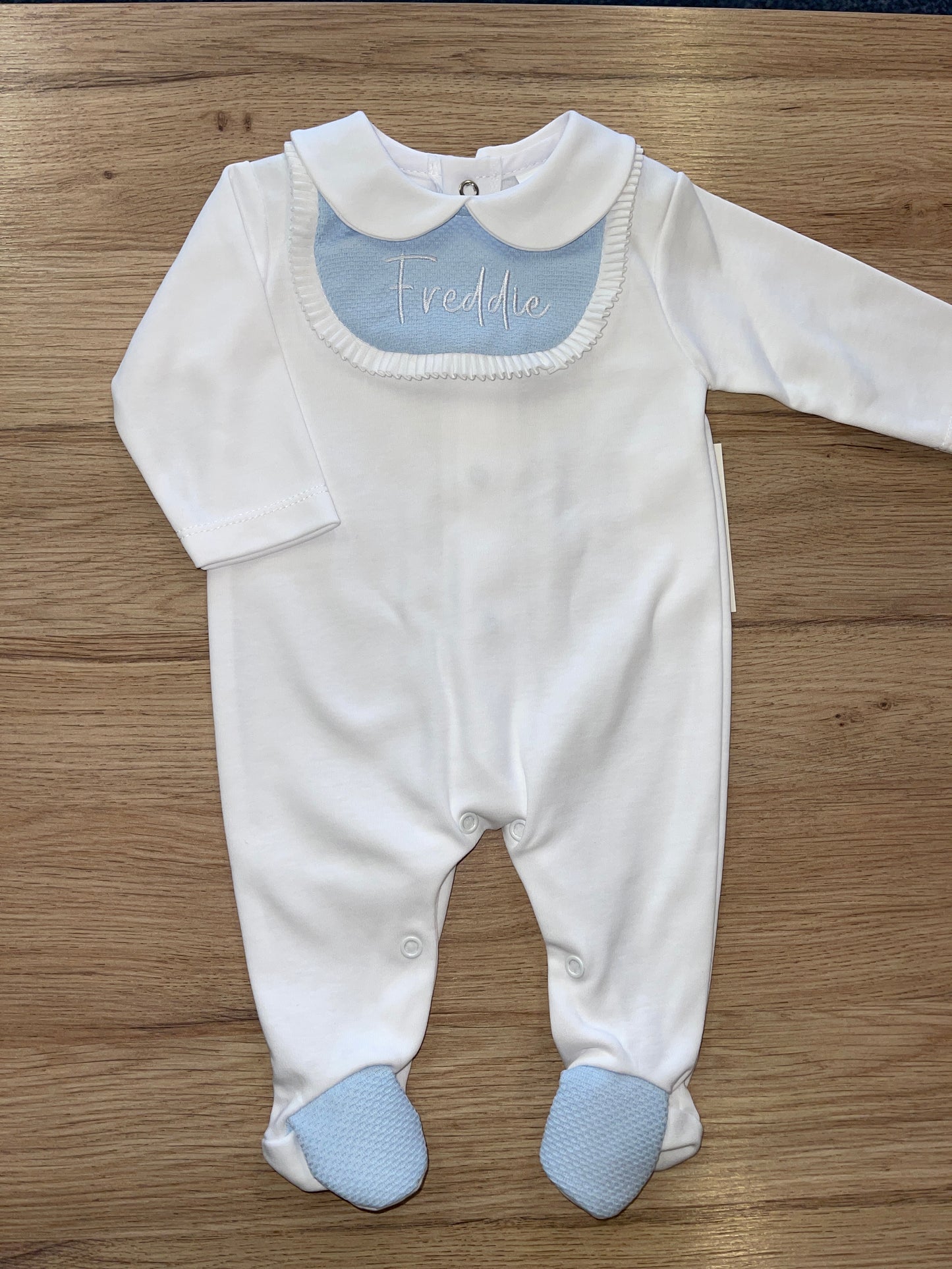Personalised White & Blue Bib Sleepsuit