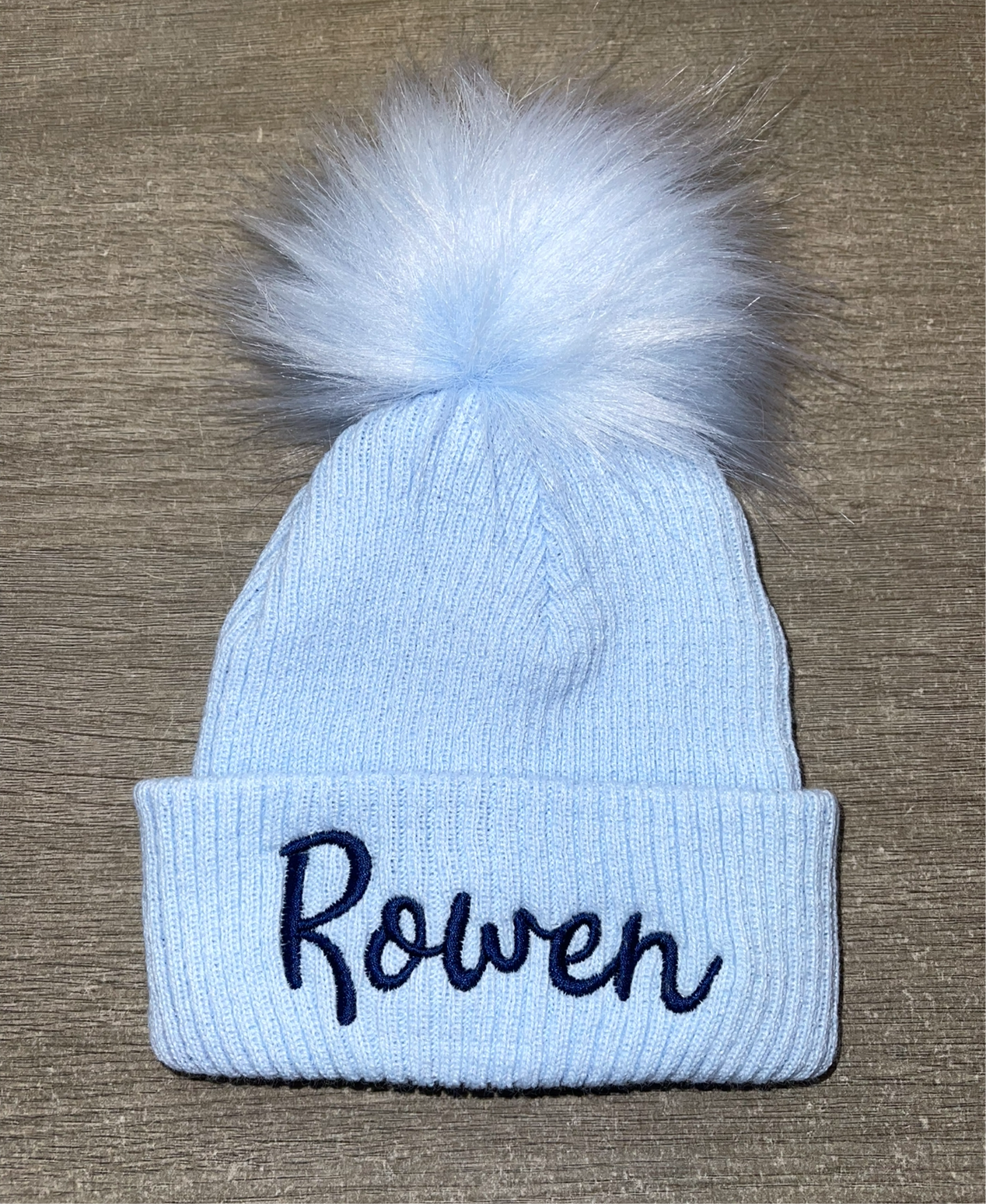 Personalised blue pom pom hat