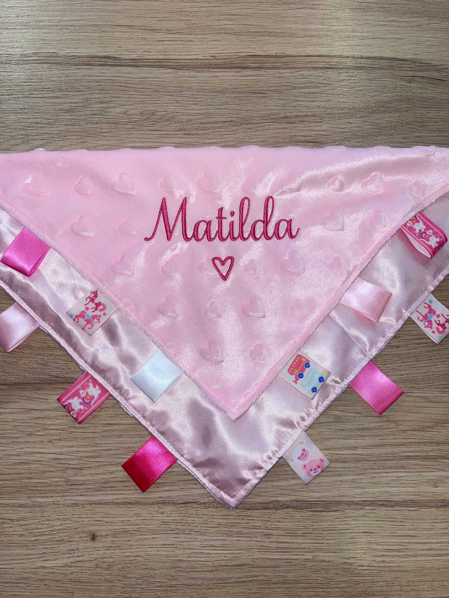 Personalised Pink Love Heart Taggie Comforter