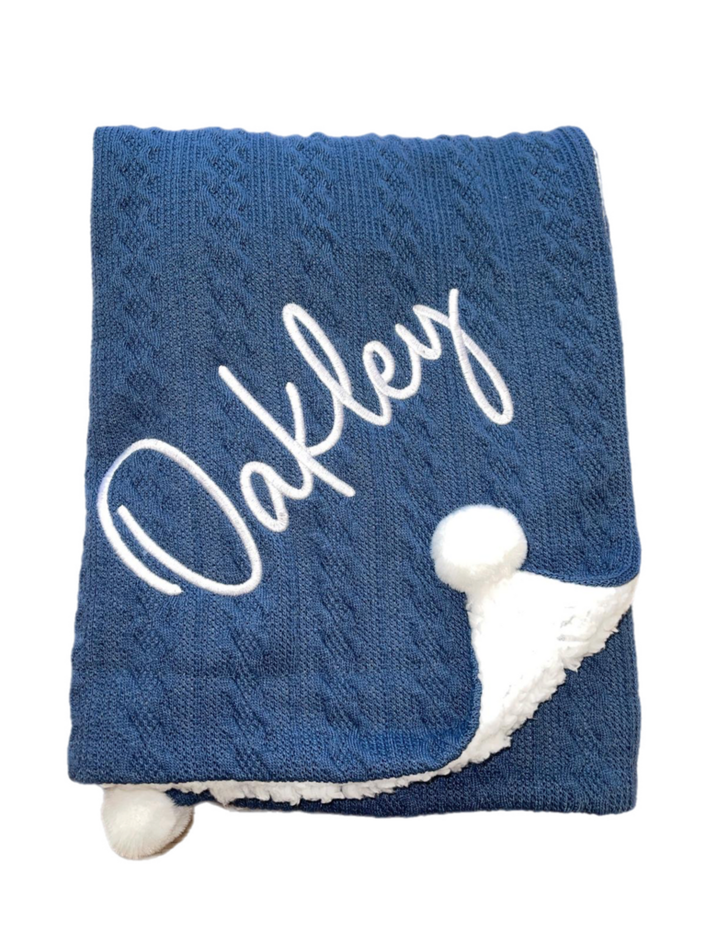 Navy cable Pom blanket First Name