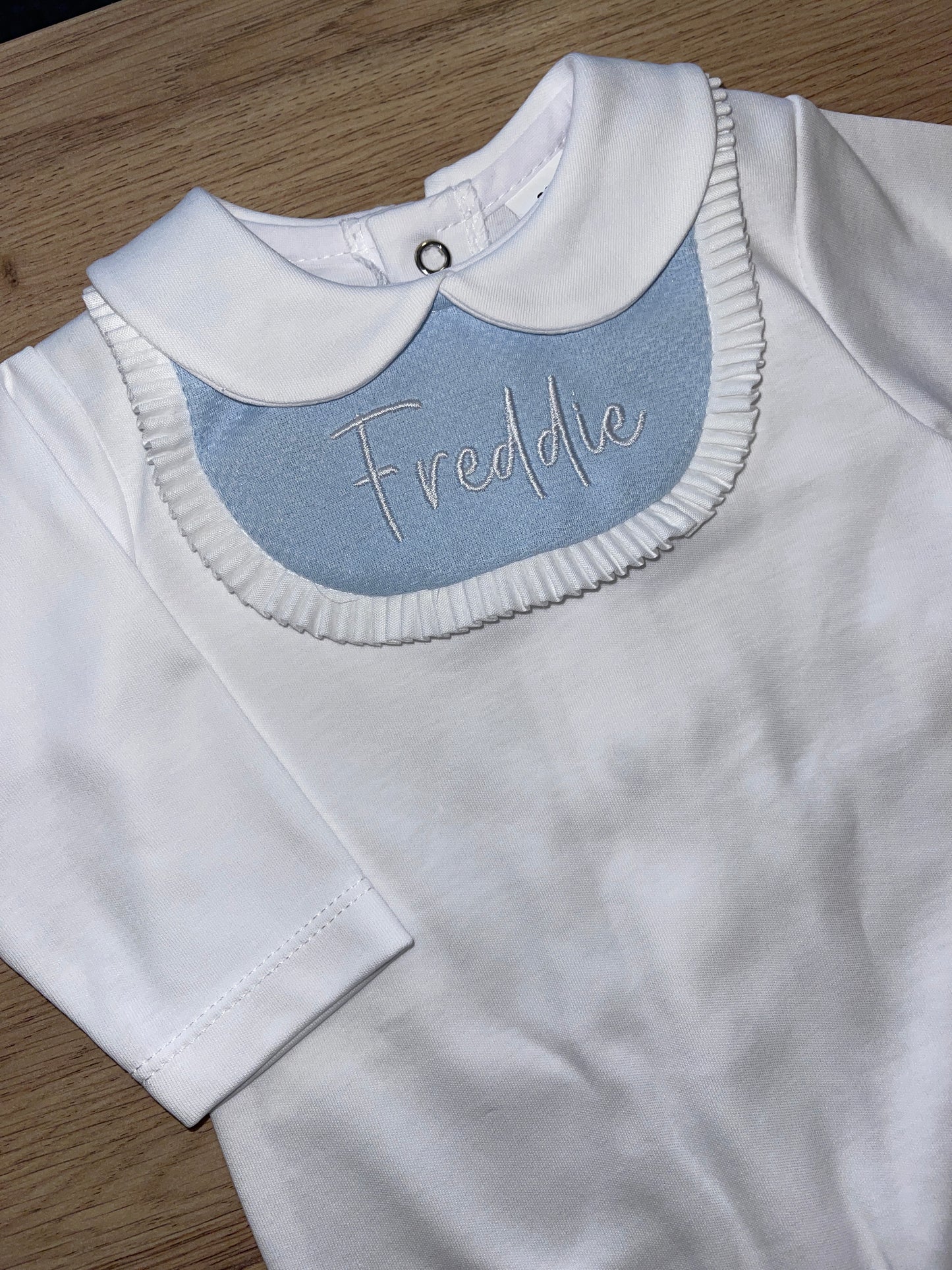 Personalised White & Blue Bib Sleepsuit