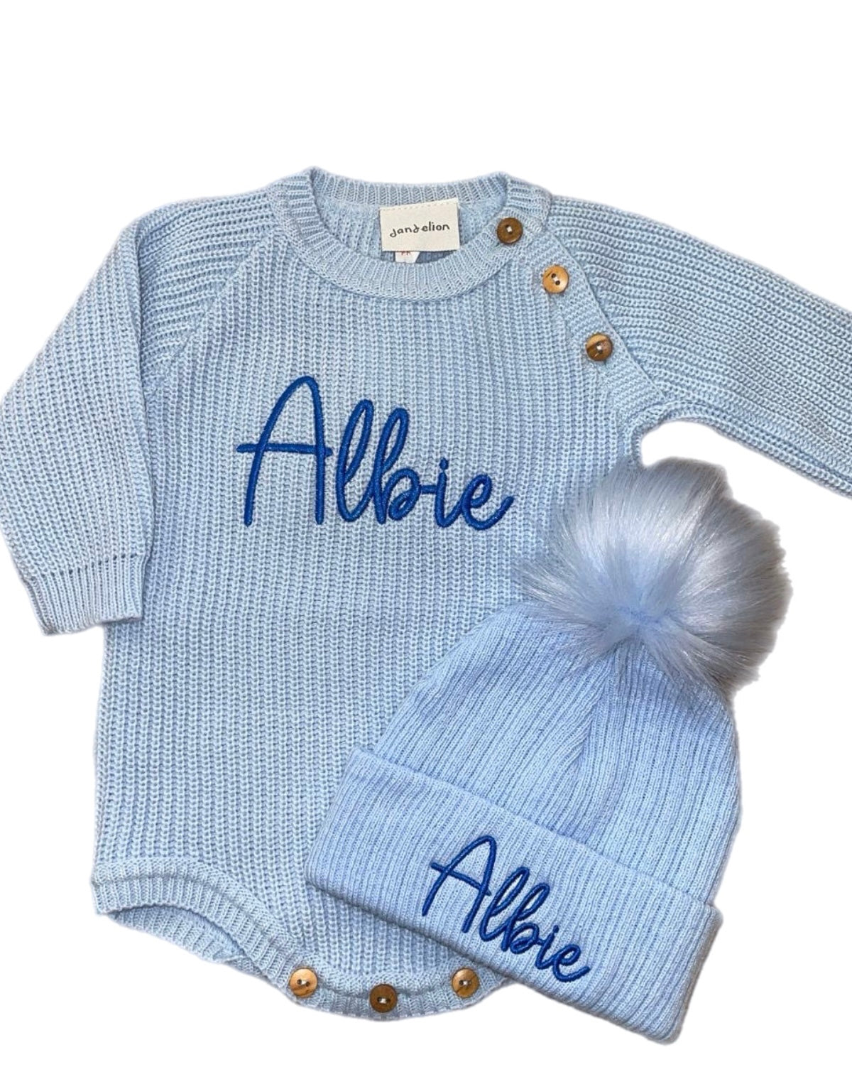 Personalised Blue 1 Pom Hat and Romper set