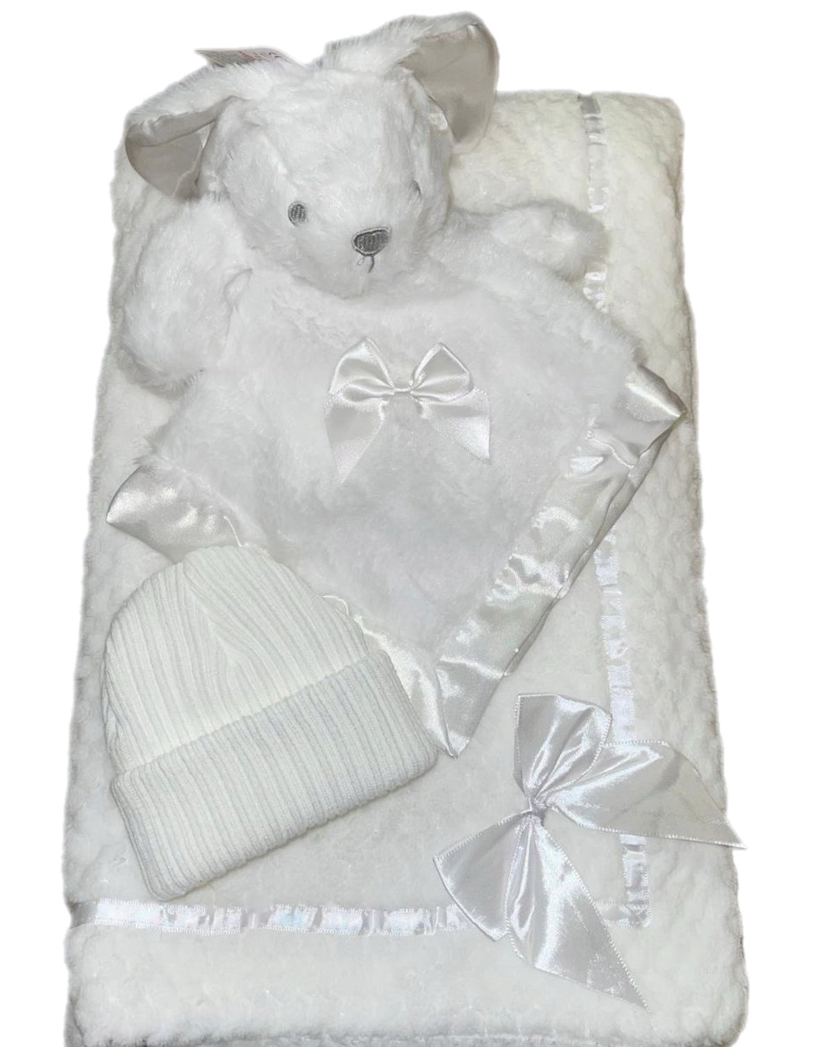 Personalised white Blanket, Hat and Comforter set