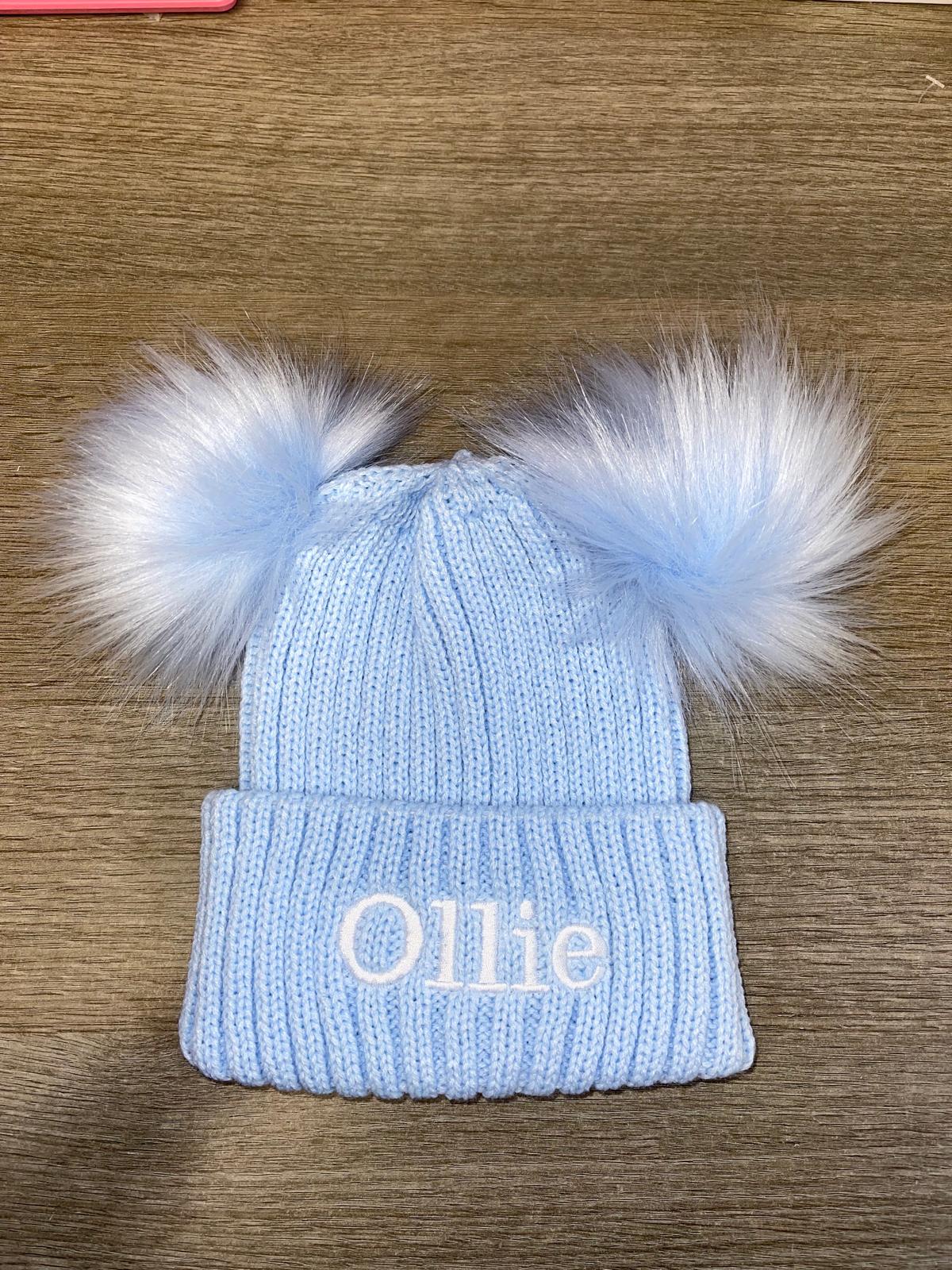 Personalised Luxury baby blue double pom pom hat