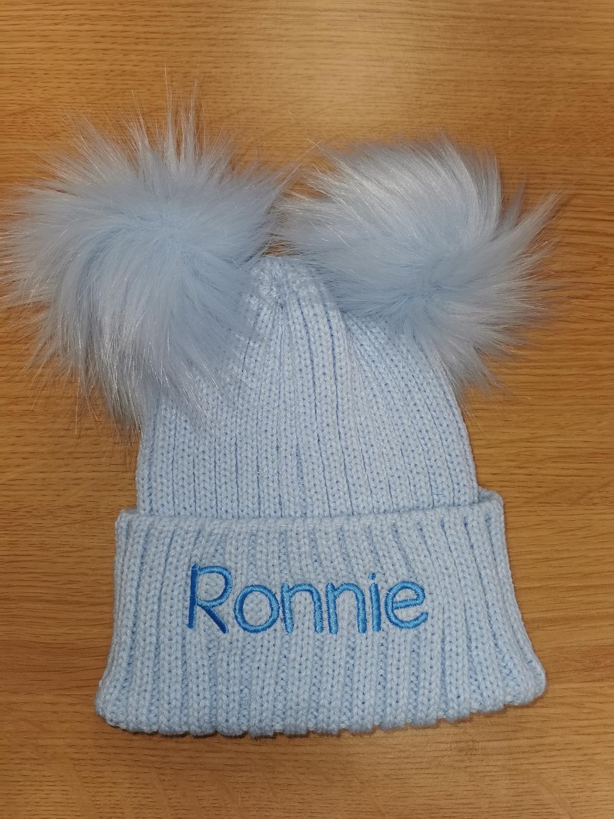 Personalised Luxury baby blue double pom pom hat