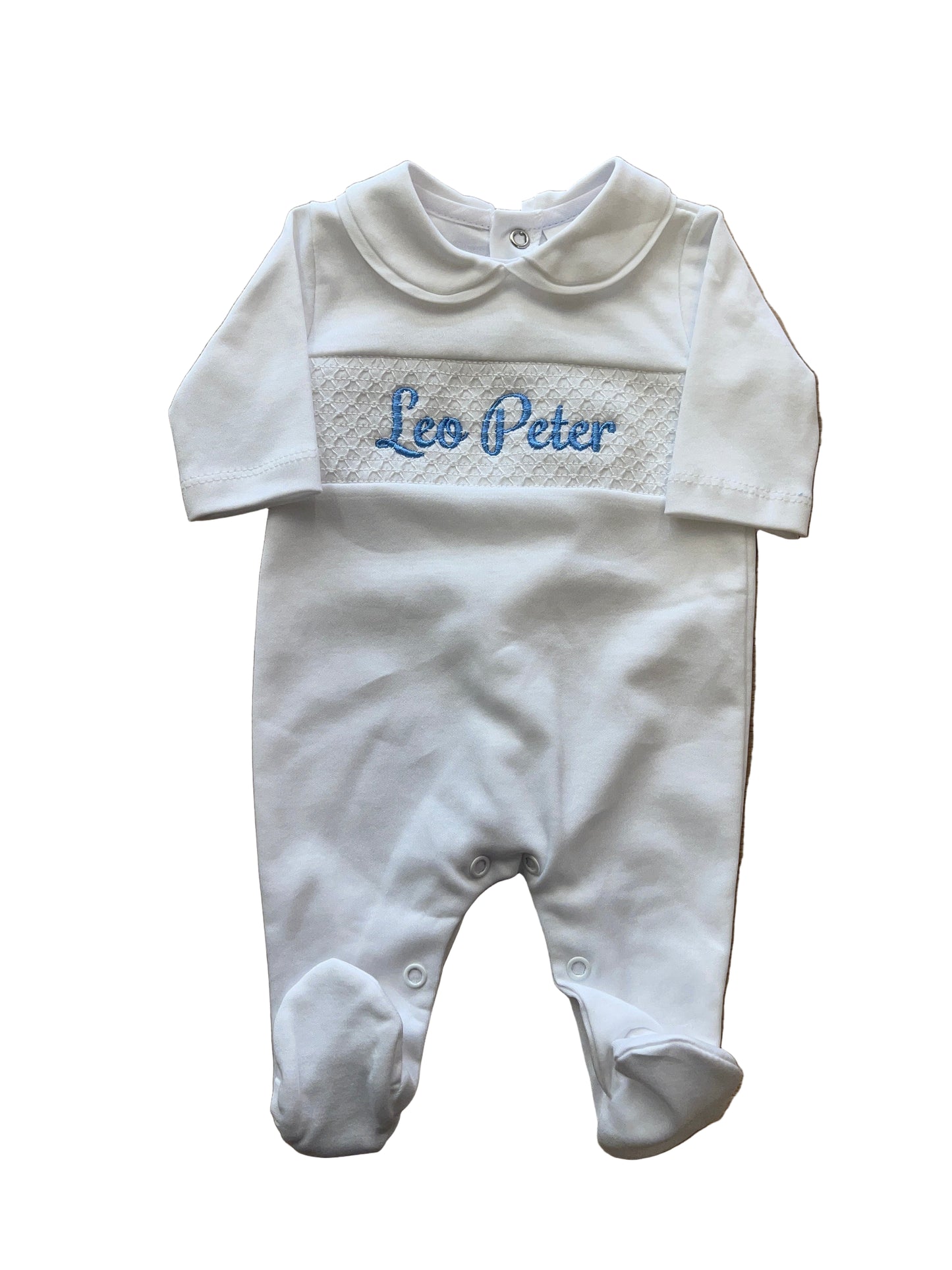 Personalised White Smocking sleepsuit