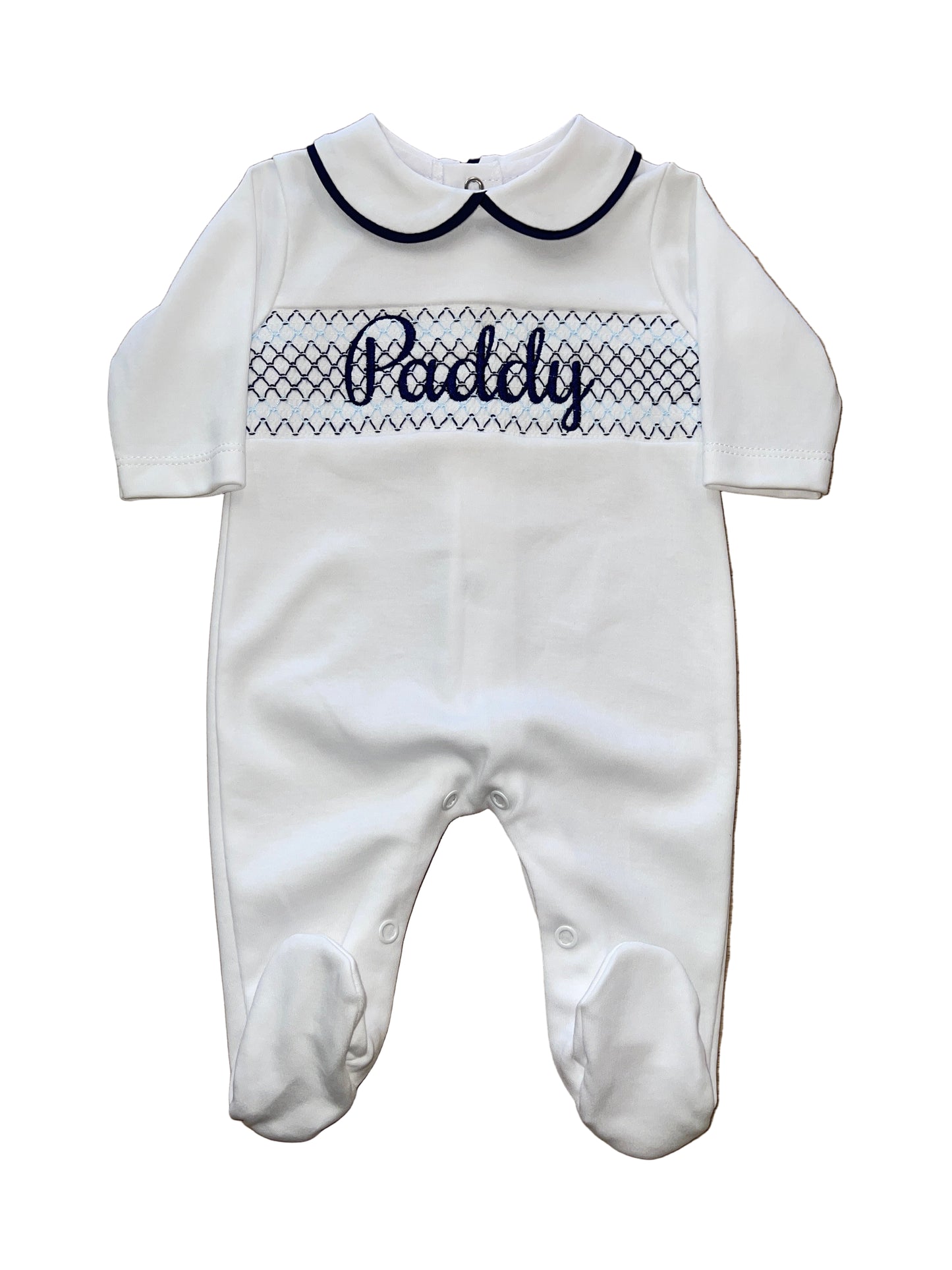 Personalised White & Navy Smocking sleepsuit