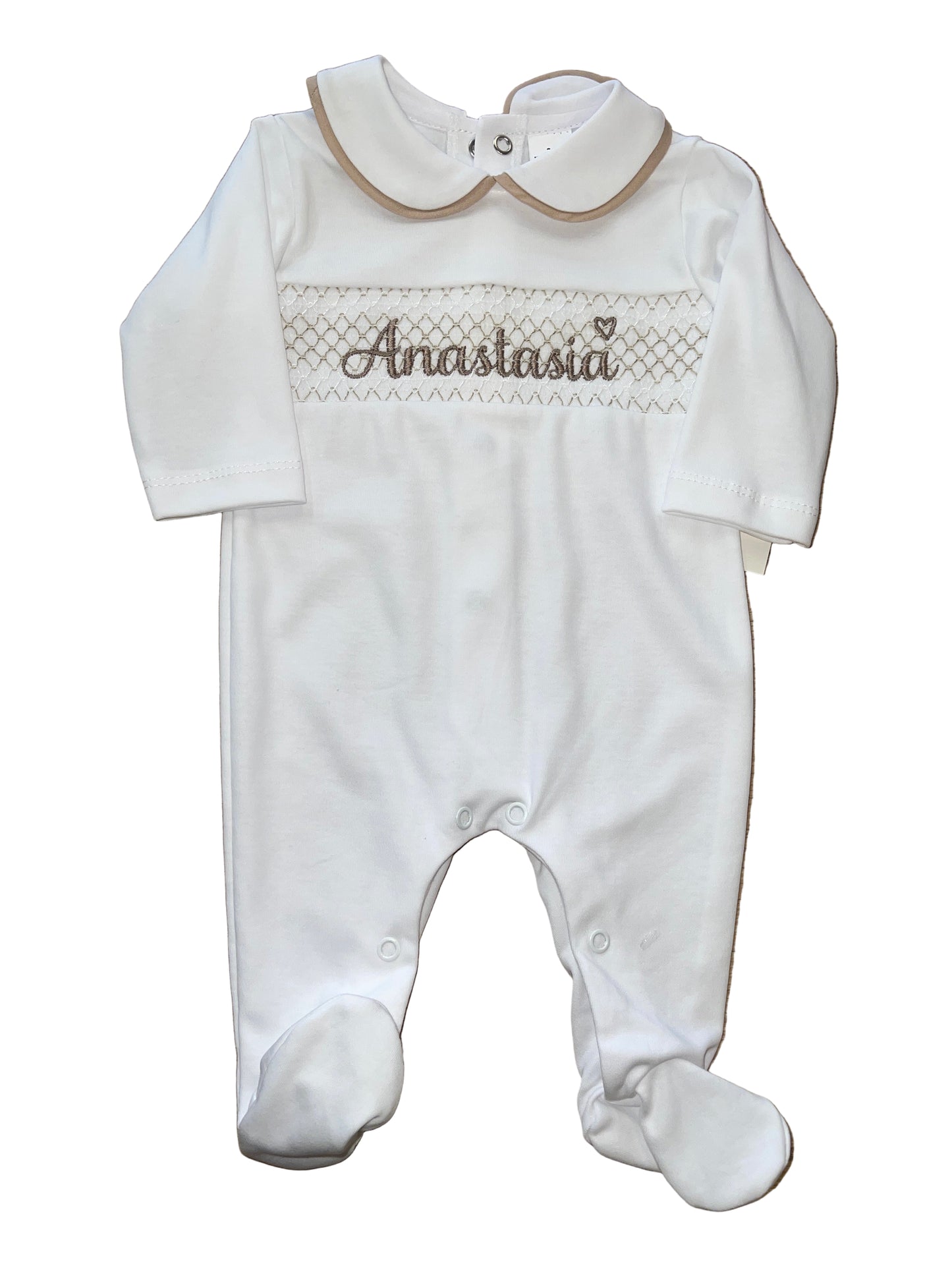 Personalised White & Beige Smocking sleepsuit