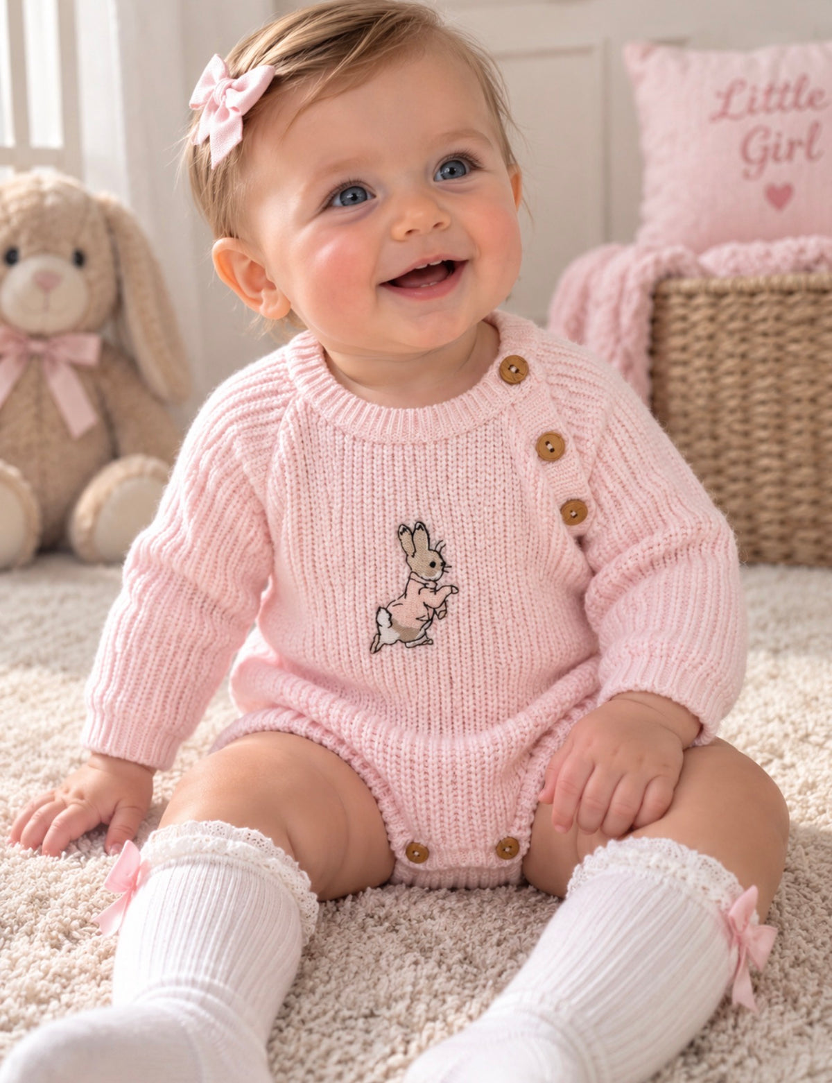 Rabbit Long Sleeve Knitted Pink Romper