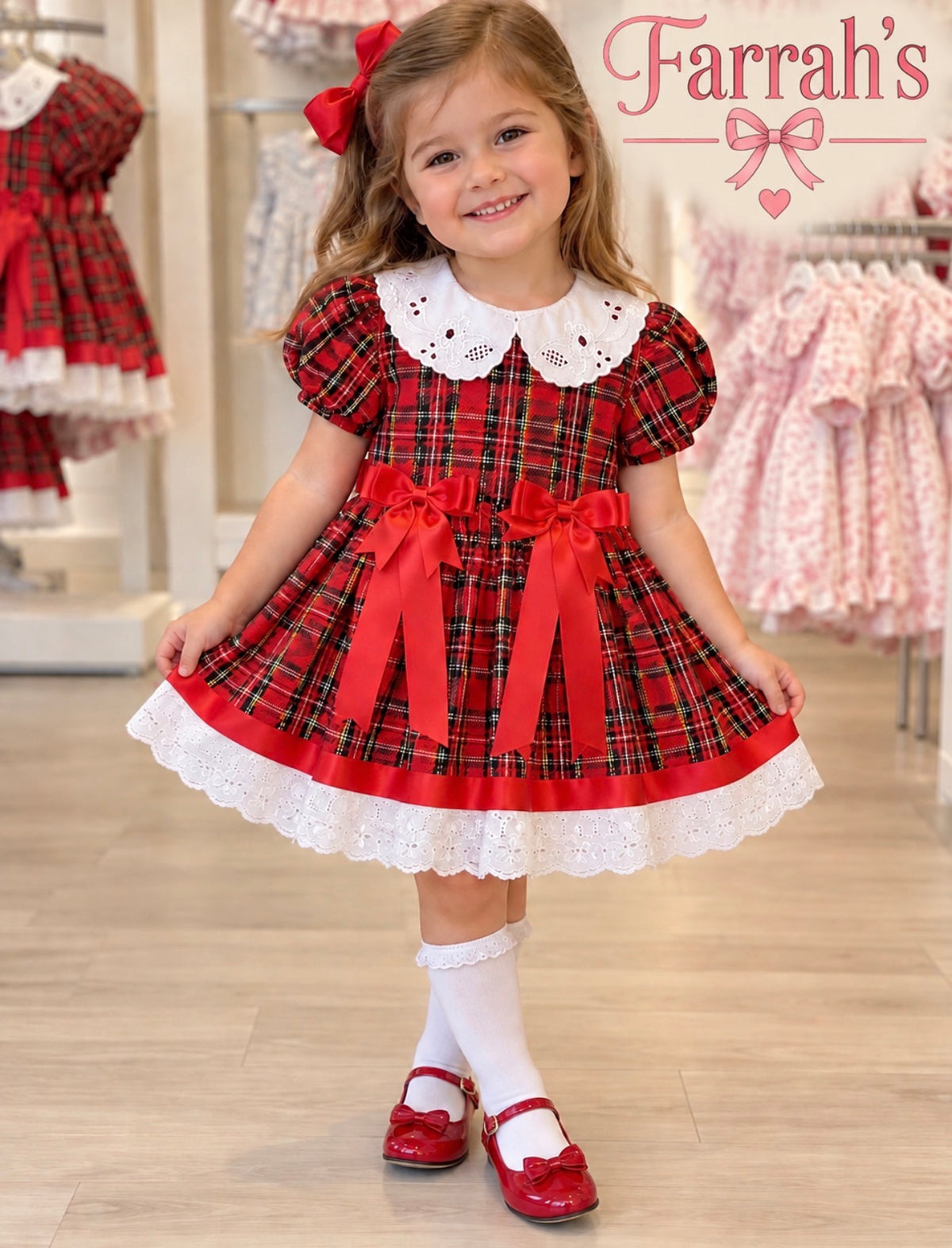 Girls Red Tartan Bow Dress