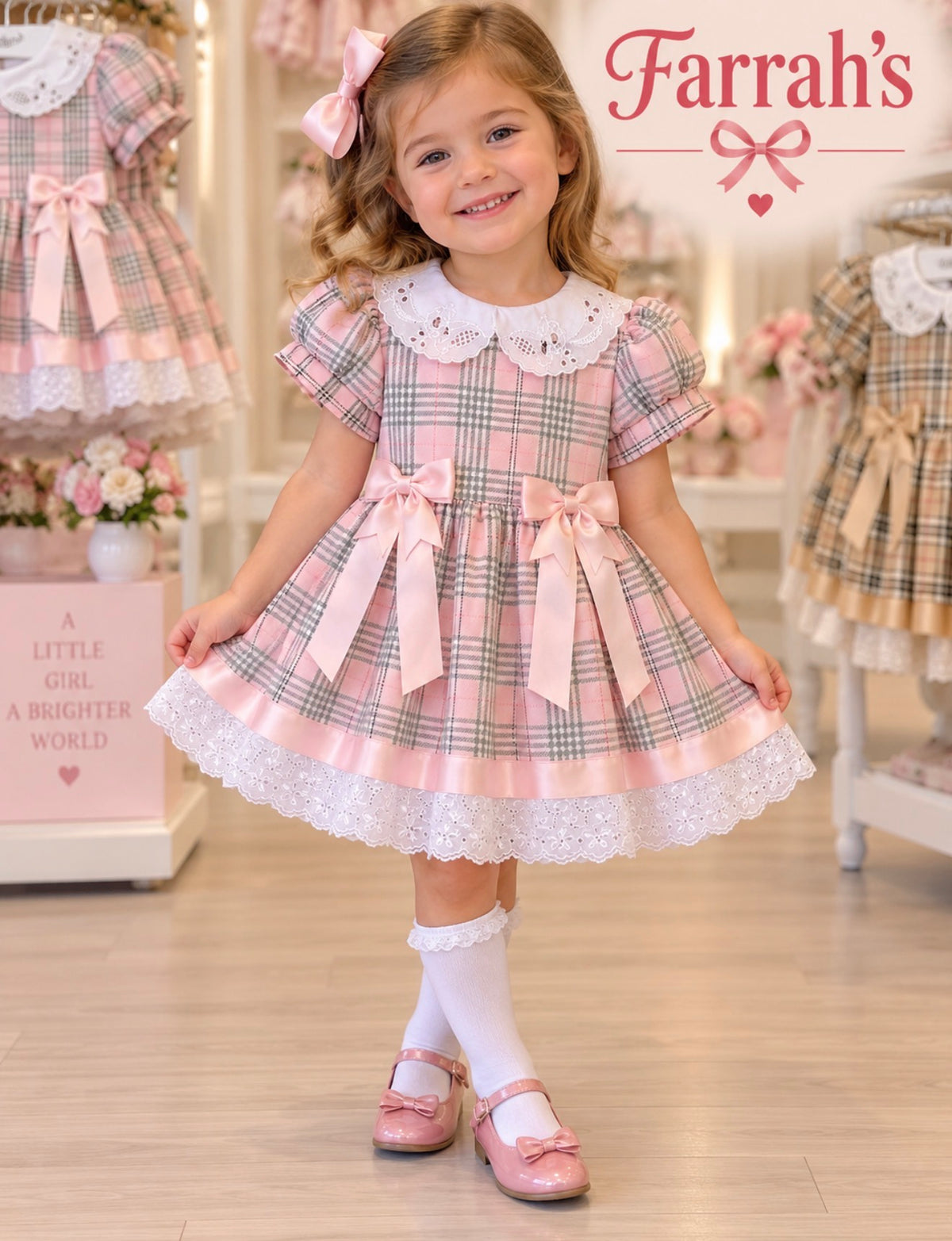 Girls Pink tartan bow dress