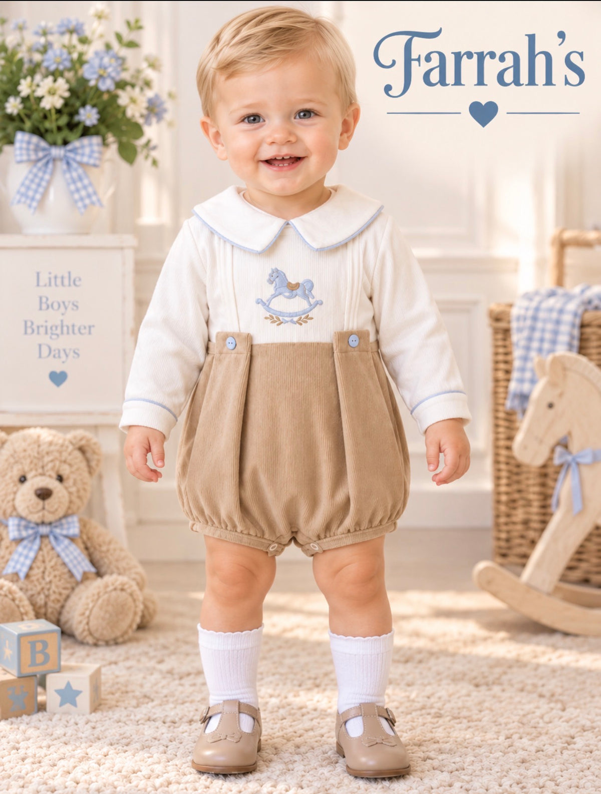 Boys Rocking Horse Romper Beige & Blue