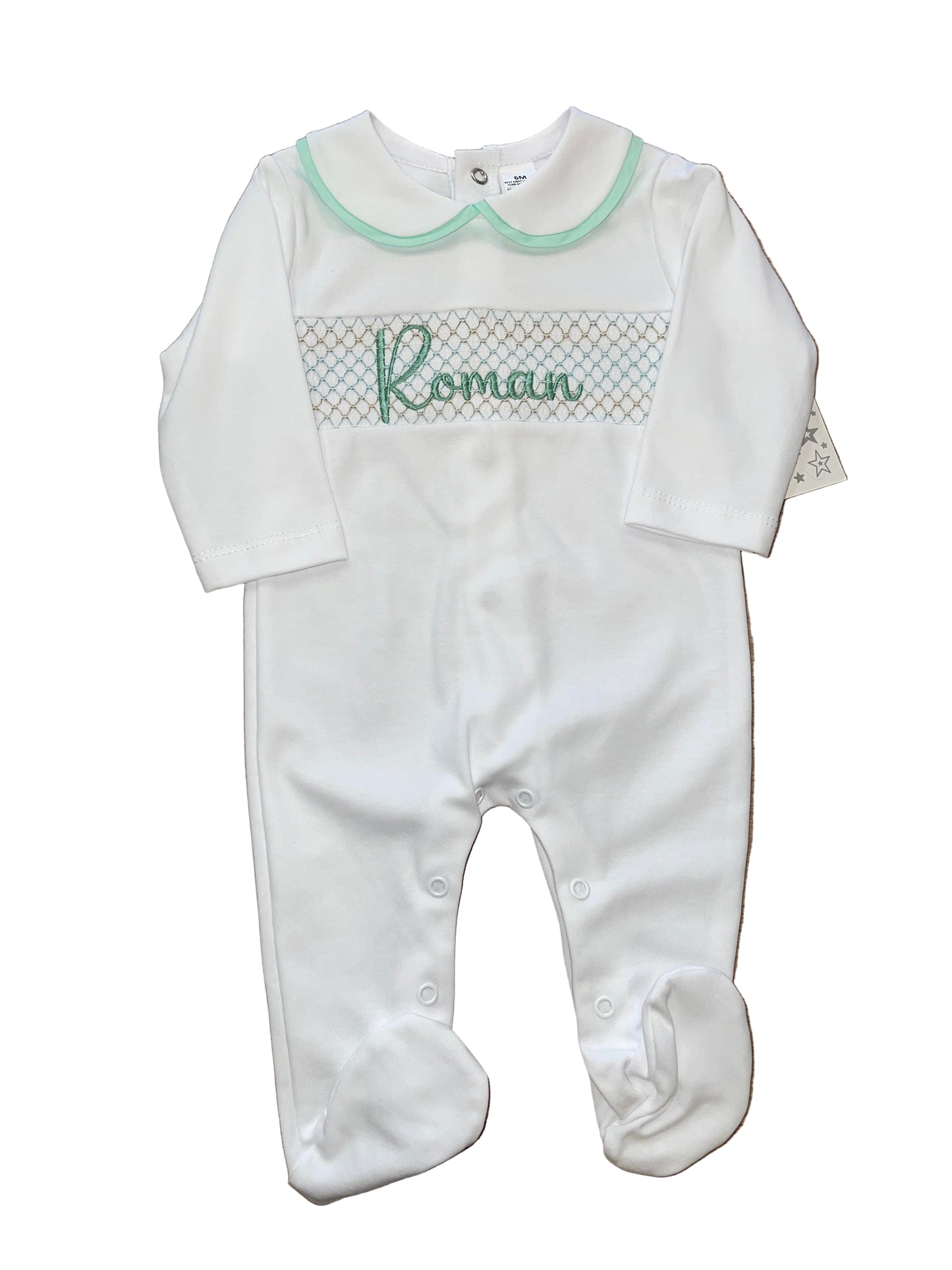 Personalised White & Sage Smocking sleepsuit