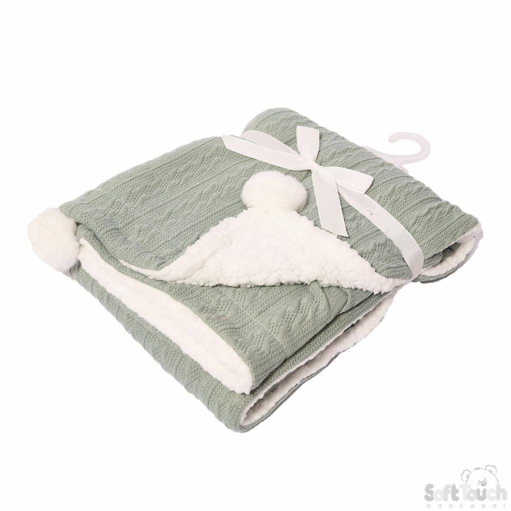 Personalised Sage Green Cable Pom Blanket