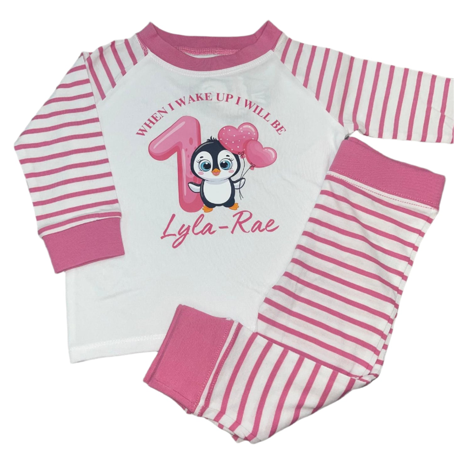 Personalised pink stripe Birthday Pyjamas - Penguin