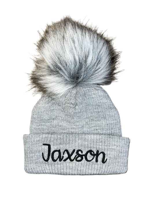 Personalised Grey pom pom Hat