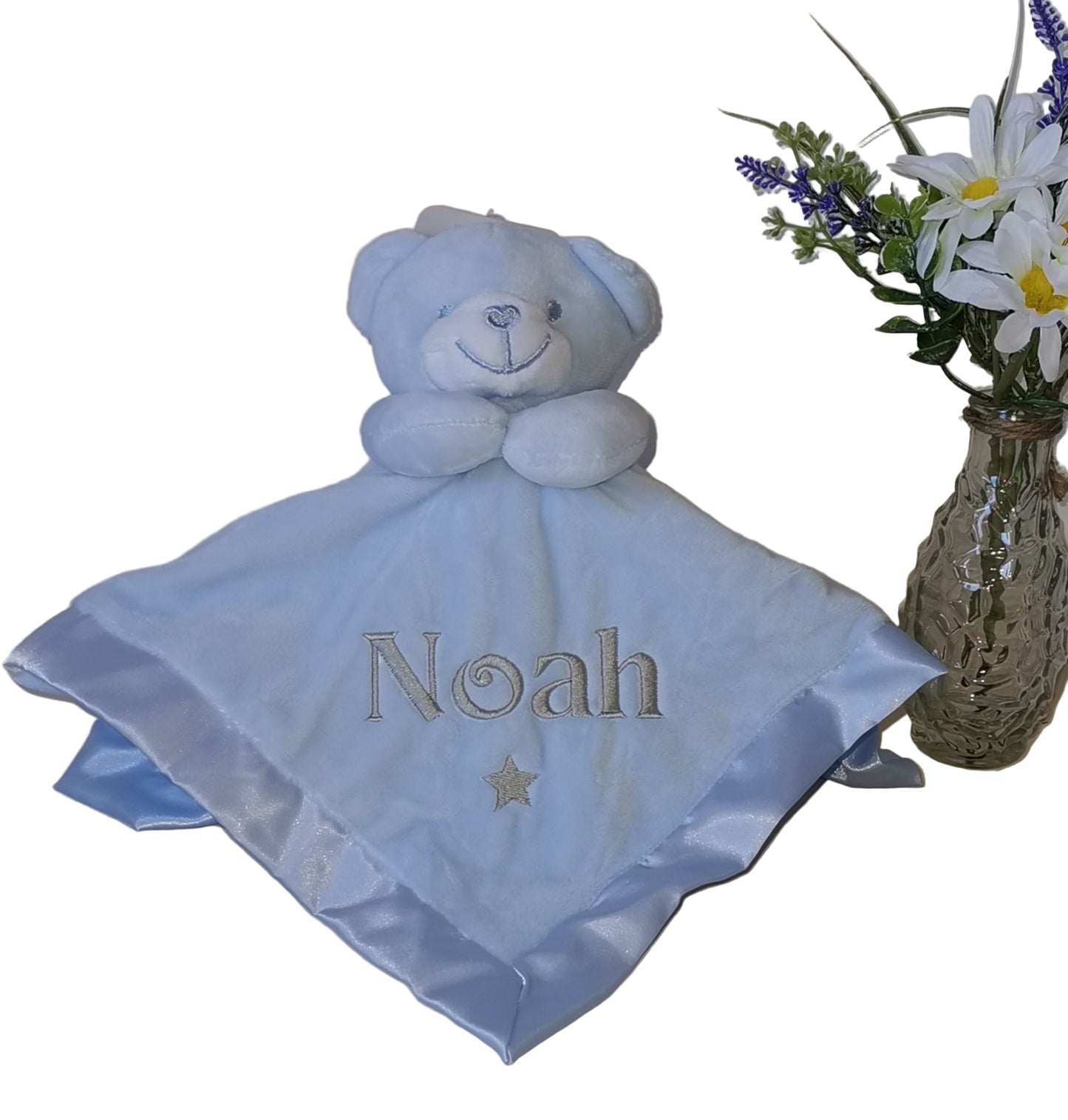 Personalised silk back blue teddy comforter