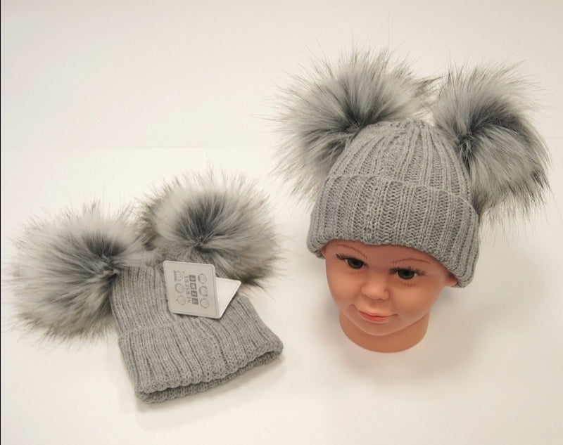 Personalised Grey double pom pom hat