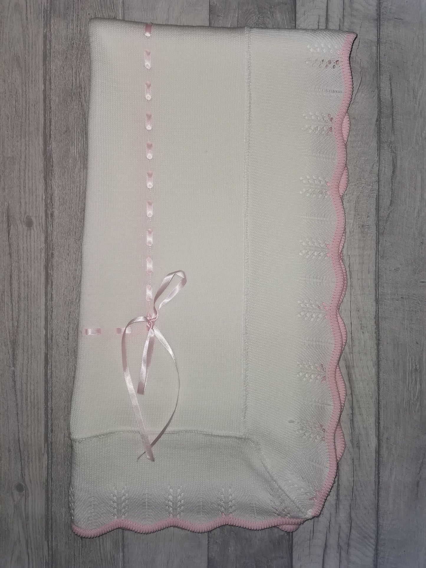 White & baby pink trimmed slotted ribbon shawl