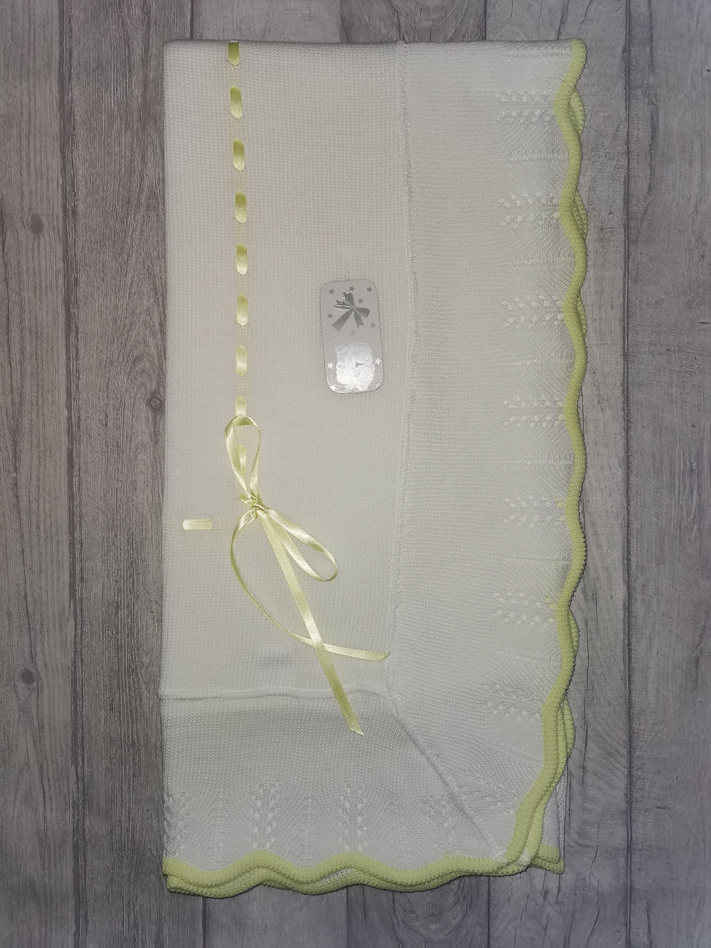 White & lemon trimmed slotted ribbon shawl