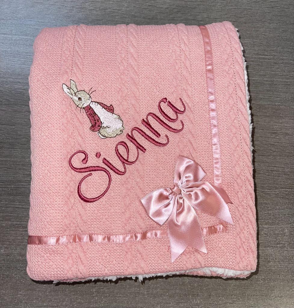 Personalised Rose cable knit bow blanket - Flopsy Rabbit
