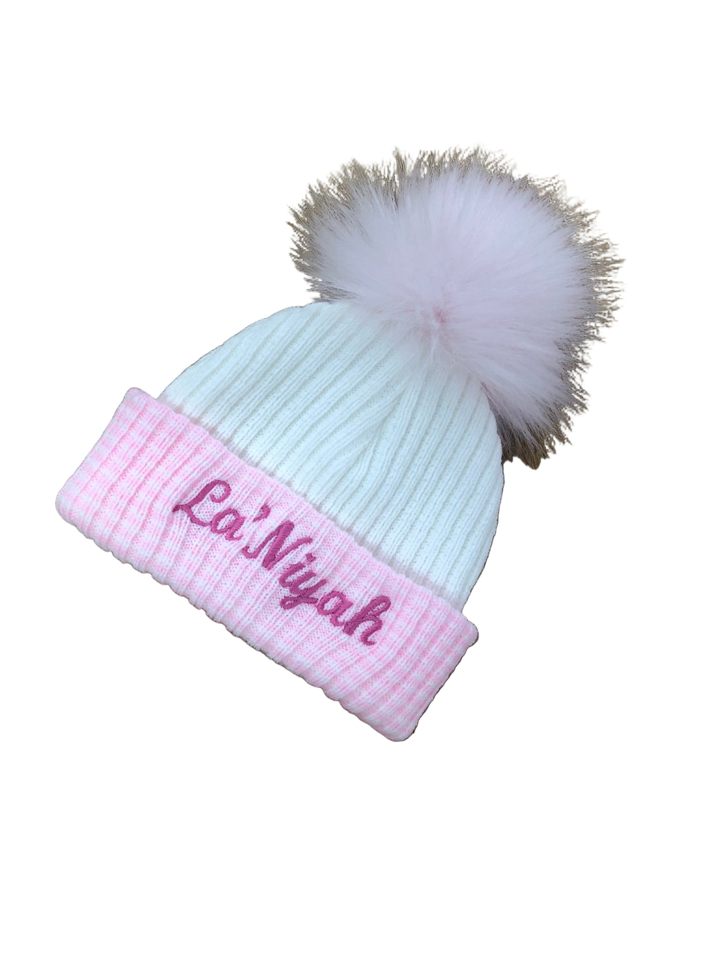 White & pink stripe newborn Pom Pom hat