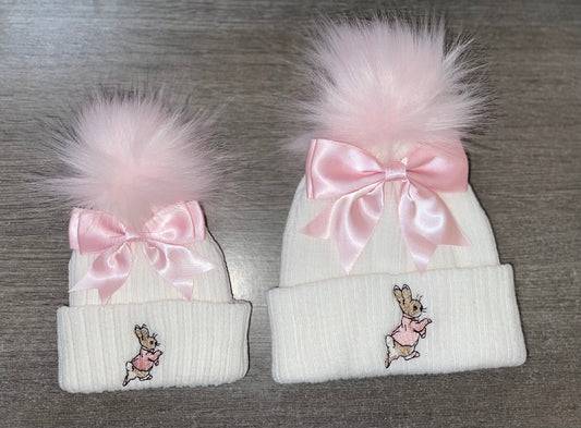 Girls knitted white & pink Rabbit Bow pom pom hat