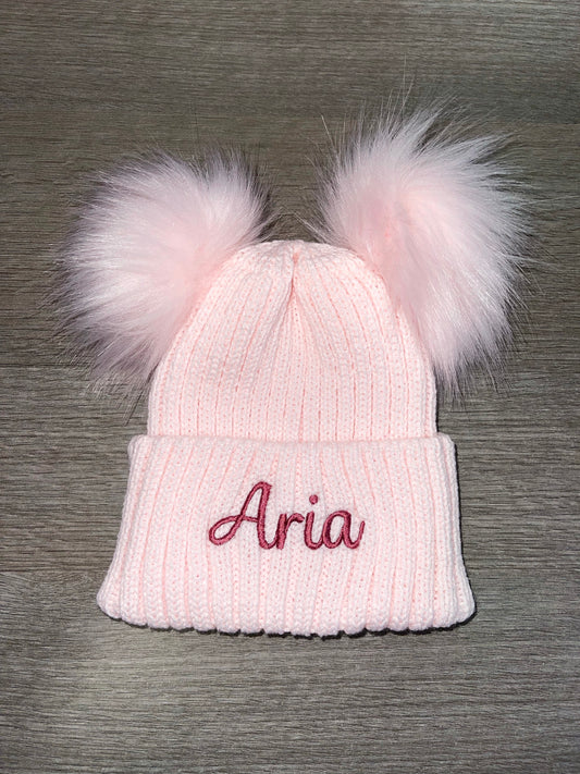 Personalised Luxury baby pink double pom pom hat