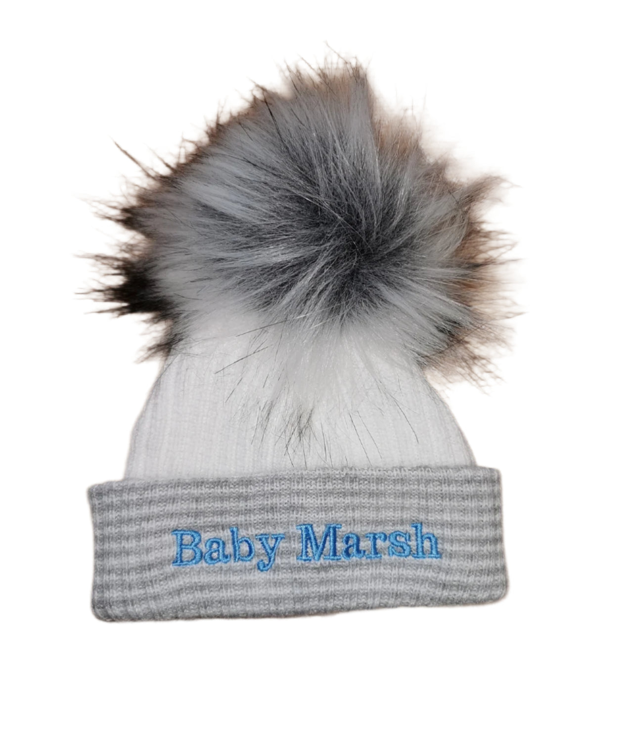 Personalised Grey stripe Newborn Pom Pom hats