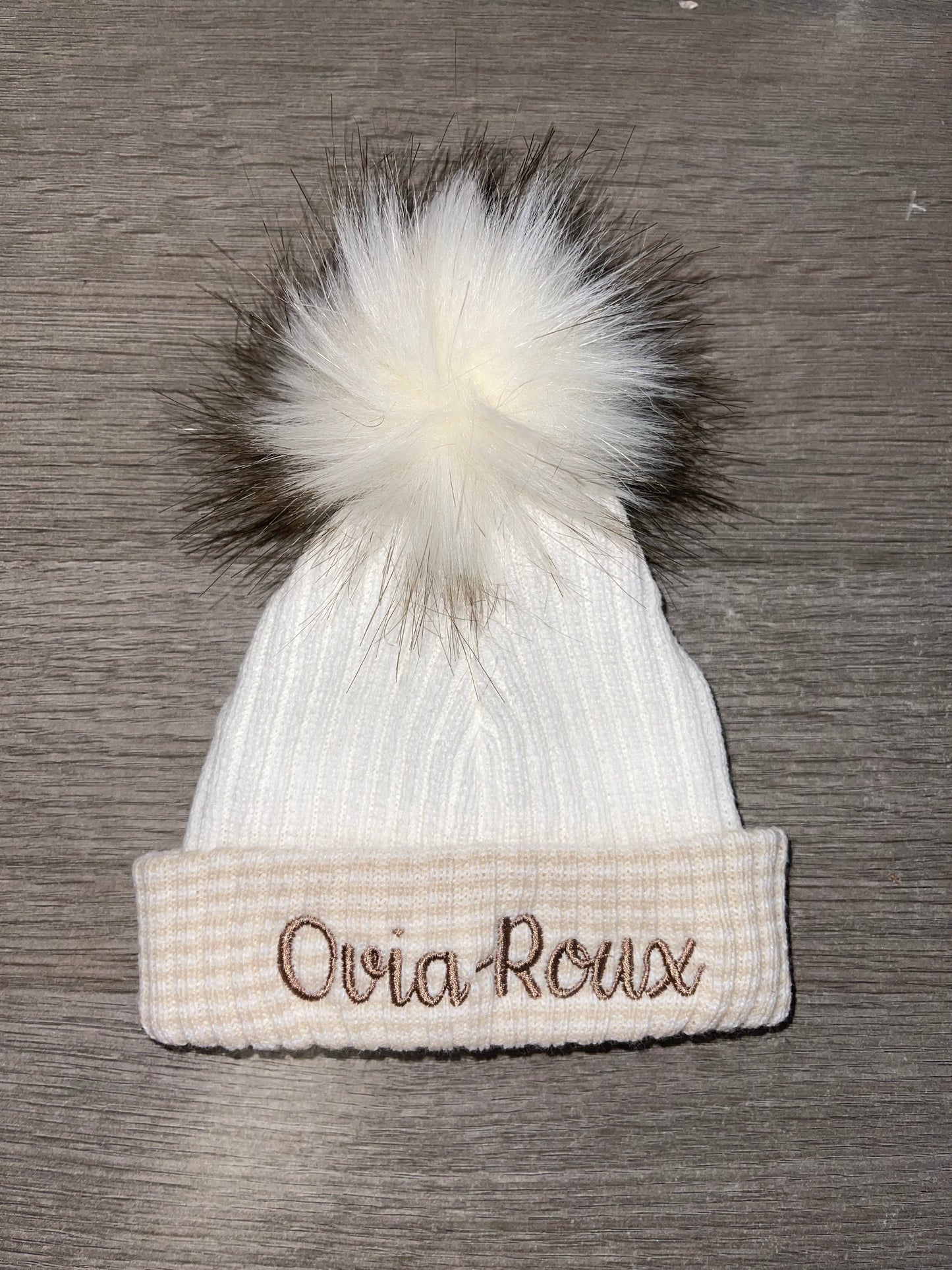Personalised White & beige stripe Newborn Pom Pom hat