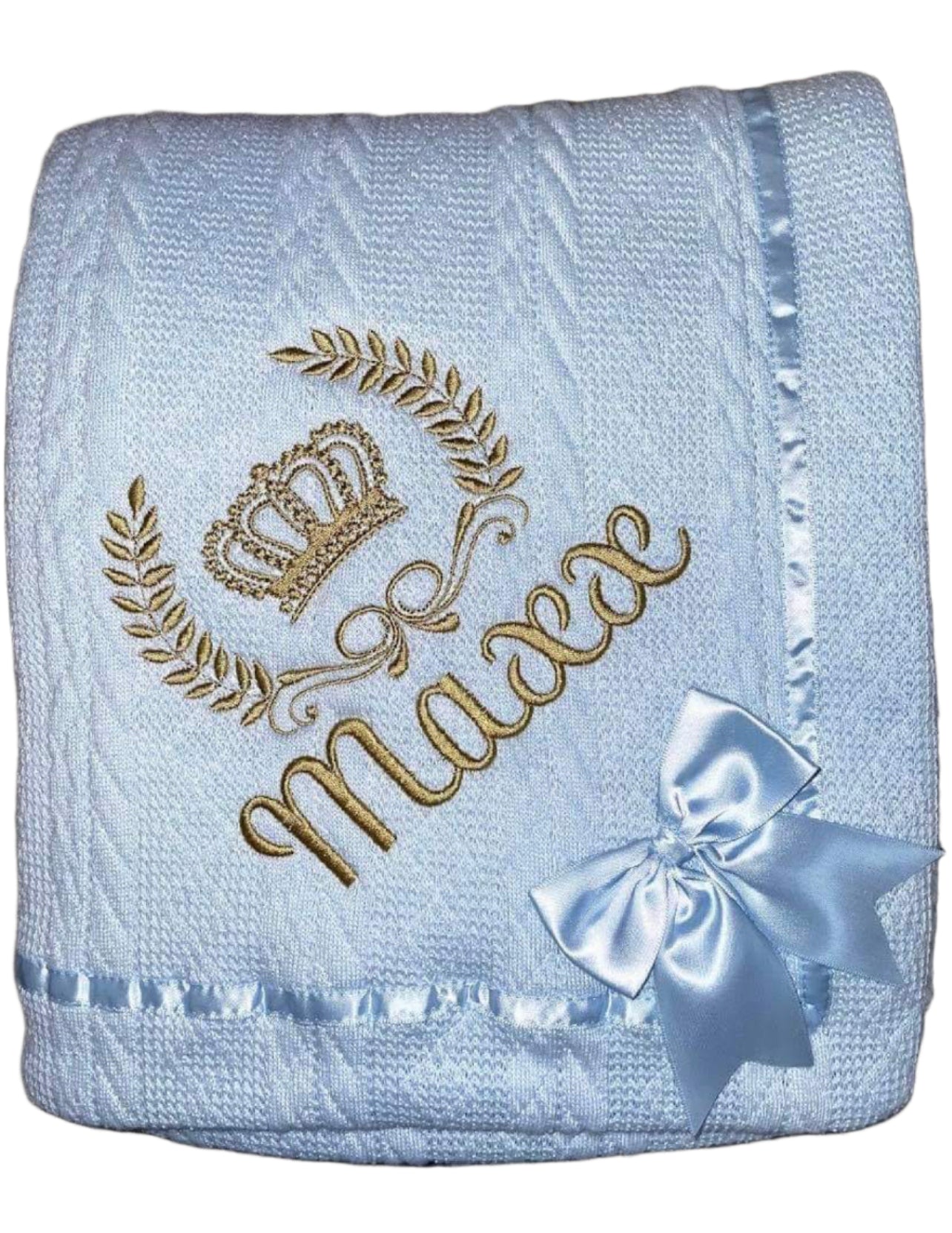 Personalised Blue Cable Bow Blanket - Crown & Crest