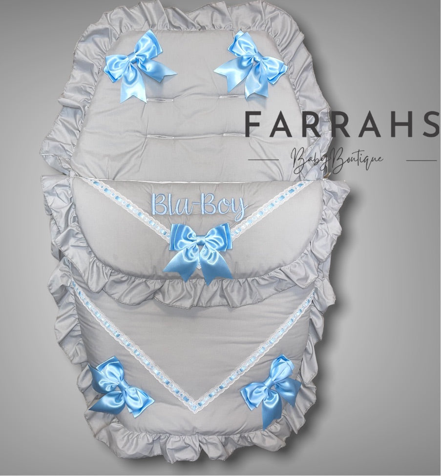 Personalised Grey & blue Five Bow Cosy toes