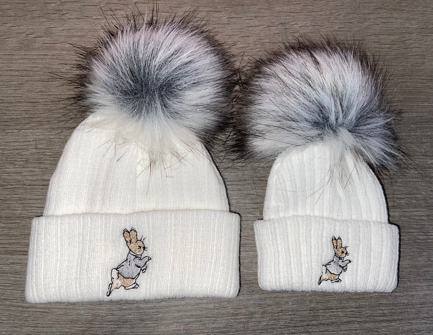 Knitted white & grey Rabbit pom pom hats
