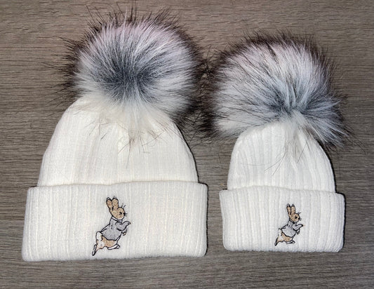 Knitted white & grey Rabbit pom pom hats