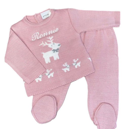 Dandelion knitted 2 piece Christmas reindeer set in Dusky pink