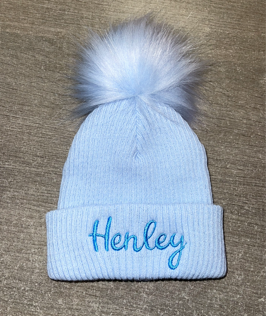 Personalised blue pom pom hat