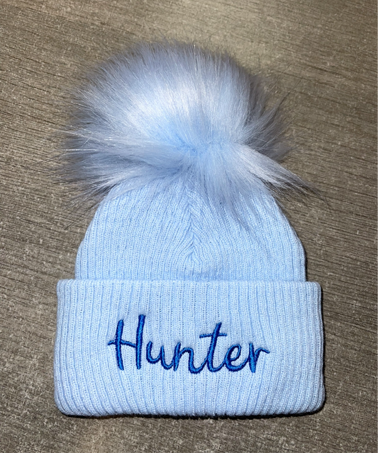 Personalised blue pom pom hat