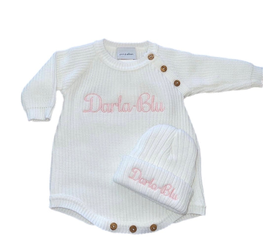 Personalised white Beanie Hat and Romper set