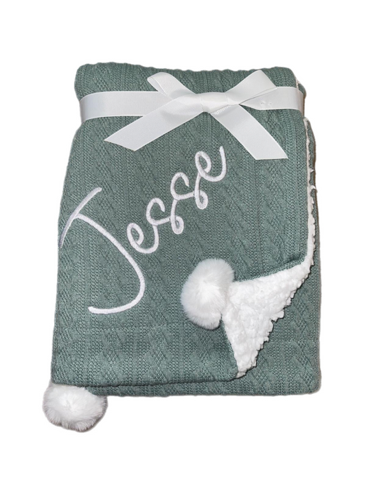 Personalised Sage Green Cable Pom Blanket