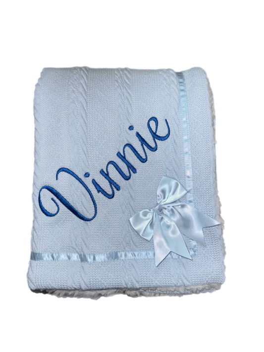 Personalised Blue Cable Knit Bow Blanket