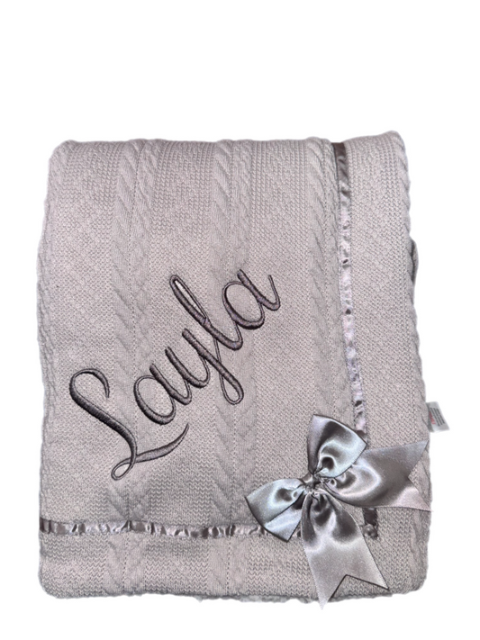 Personalised Grey Cable Knit Bow Blanket
