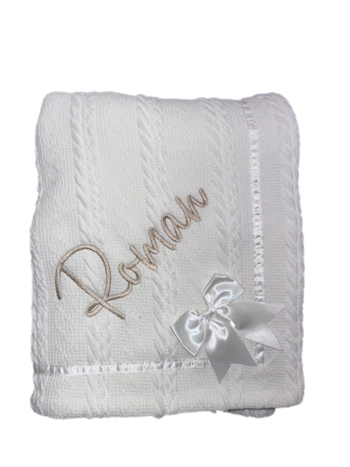 Personalised White Cable Knit Bow Blanket