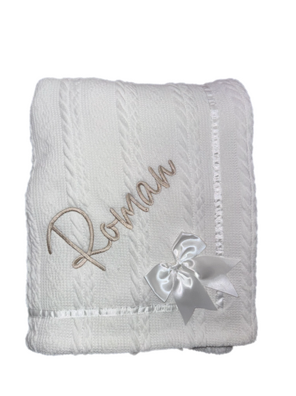 Personalised White Cable Knit Bow Blanket