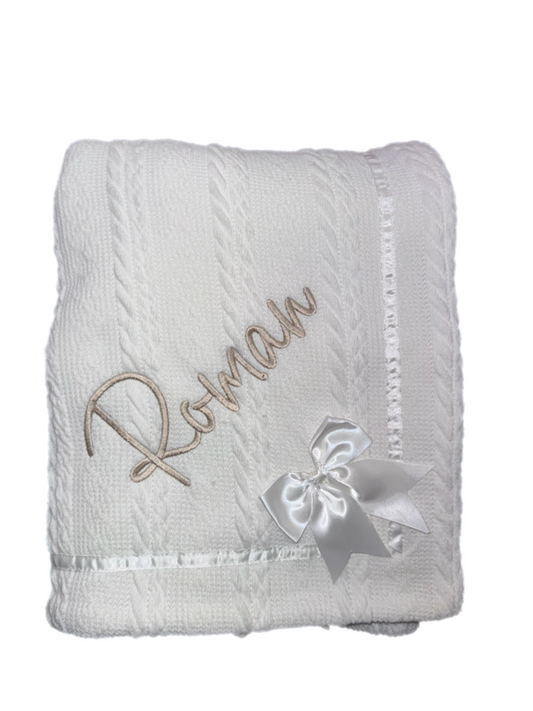 Personalised White Cable Knit Bow Blanket