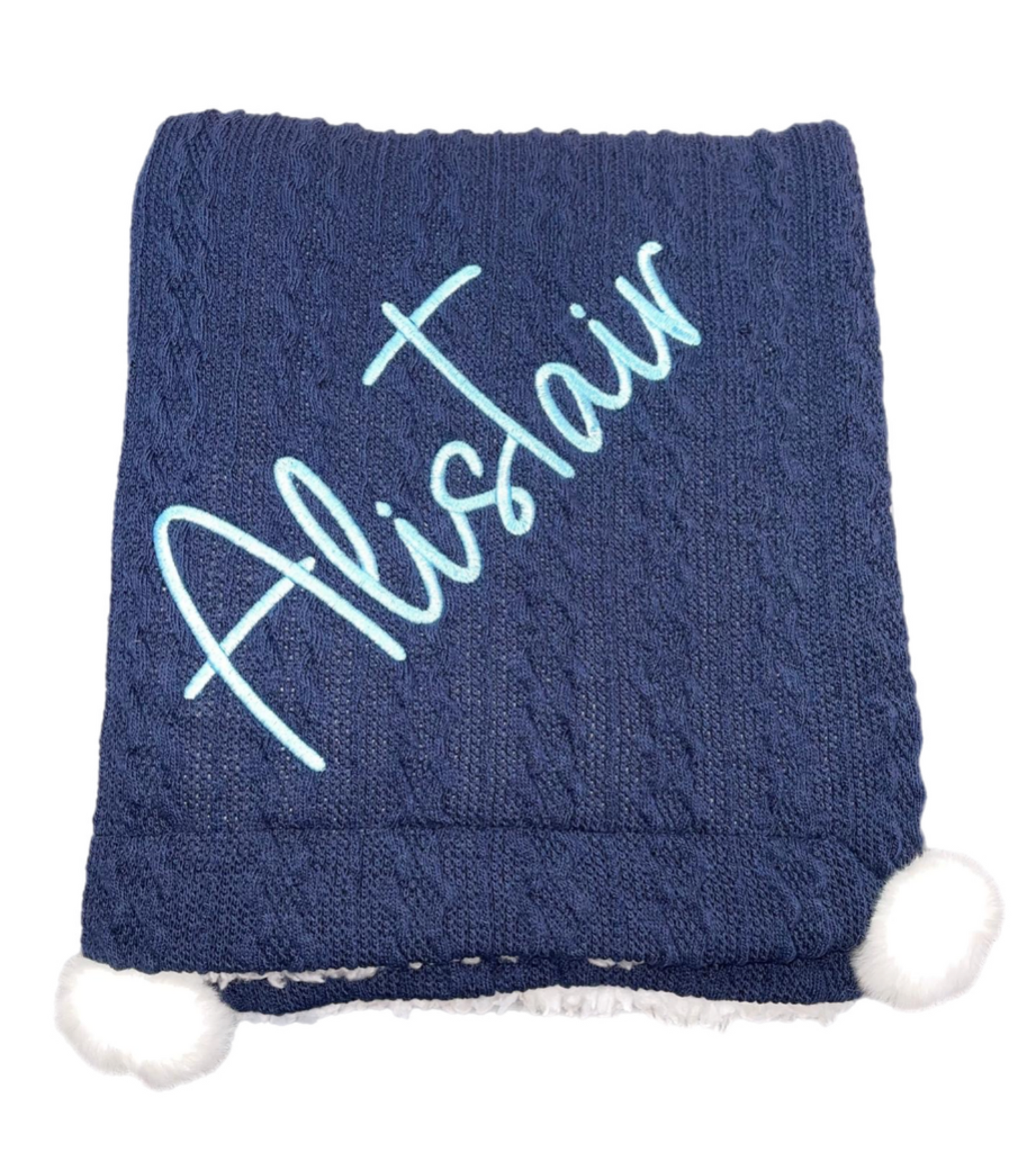 Navy cable Pom blanket First Name