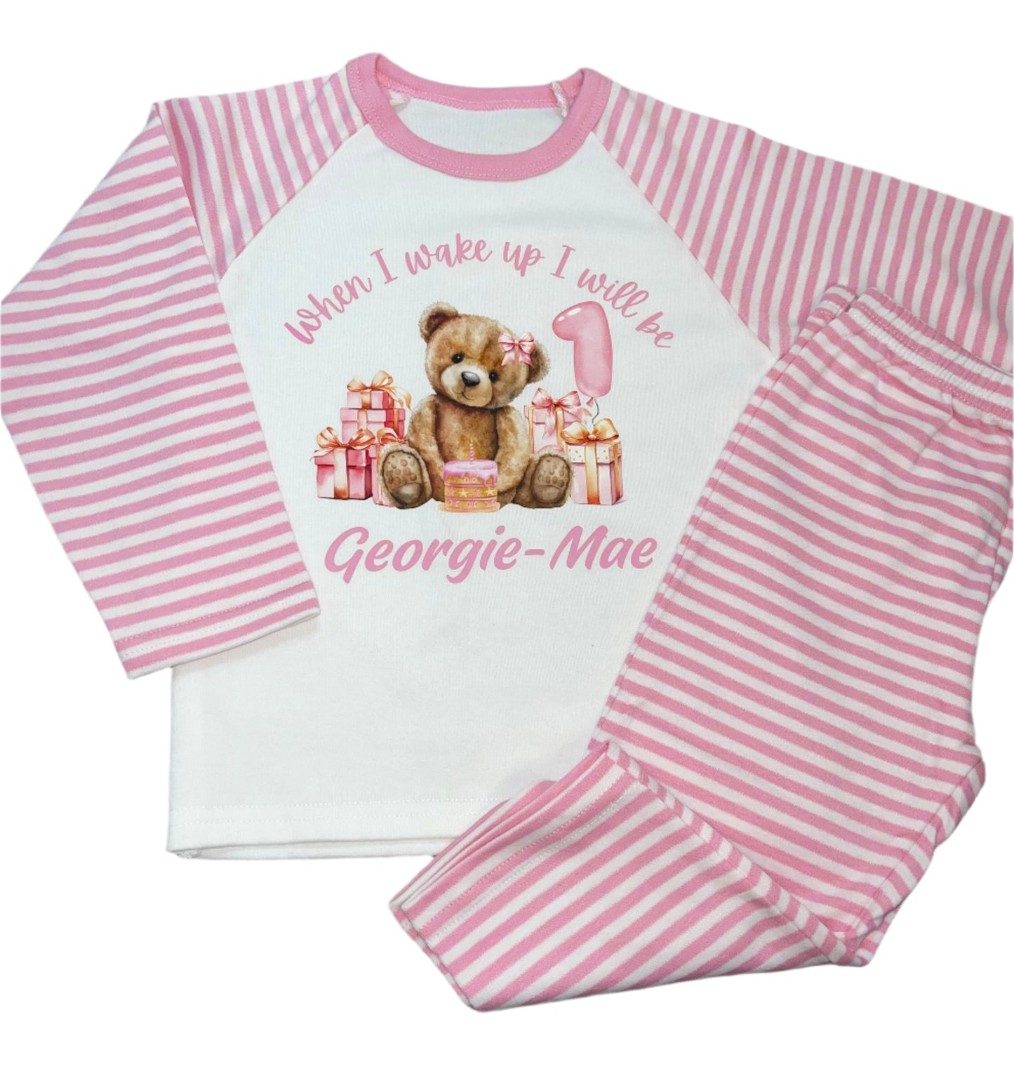 Personalised pink stripe Birthday Pyjamas - Teddy design