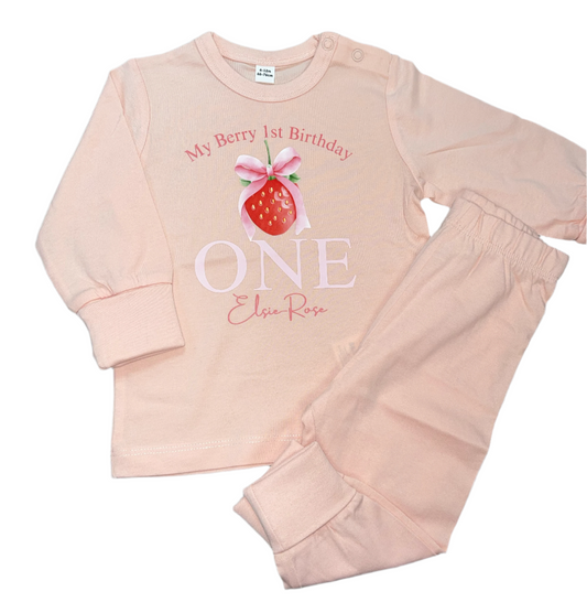 Personalised Berry 1st Birthday girls pink pyjamas