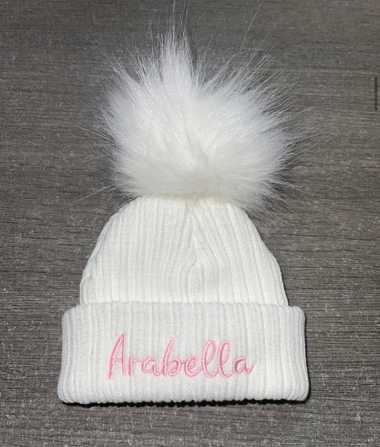 Personalised white pom pom hat